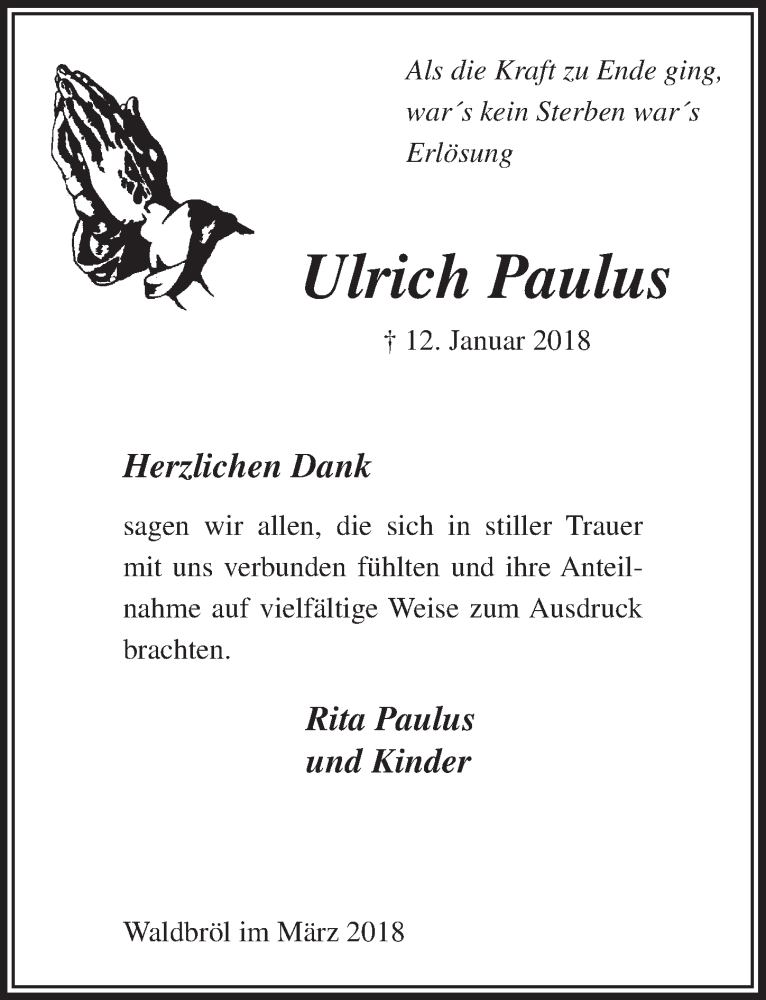  Traueranzeige für Ulrich Paulus vom 07.03.2018 aus  Lokalanzeiger 