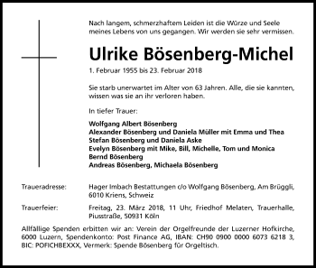 Anzeige von Ulrike Bösenberg-Michel von Kölner Stadt-Anzeiger / Kölnische Rundschau / Express