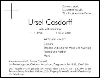 Anzeige von Ursel Casdorff von Kölner Stadt-Anzeiger / Kölnische Rundschau / Express