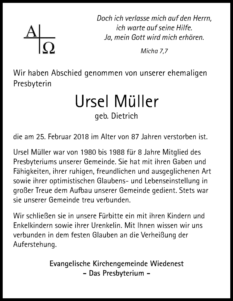  Traueranzeige für Ursel Müller vom 03.03.2018 aus Kölner Stadt-Anzeiger / Kölnische Rundschau / Express