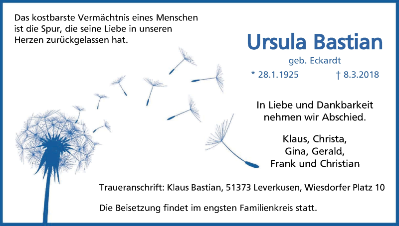  Traueranzeige für Ursula Bastian vom 24.03.2018 aus Kölner Stadt-Anzeiger / Kölnische Rundschau / Express