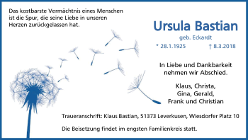 Anzeige von Ursula Bastian von Kölner Stadt-Anzeiger / Kölnische Rundschau / Express