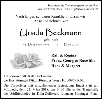 Anzeige von Ursula Beckmann von Kölner Stadt-Anzeiger / Kölnische Rundschau / Express