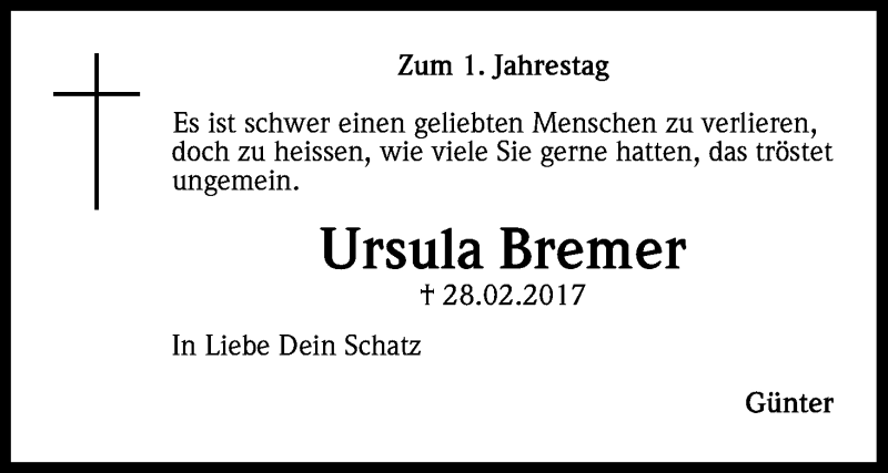  Traueranzeige für Ursula Bremer vom 14.03.2018 aus Kölner Stadt-Anzeiger / Kölnische Rundschau / Express