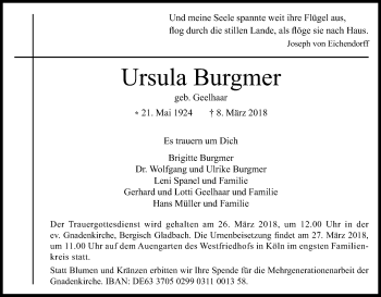 Anzeige von Ursula Burgmer von Kölner Stadt-Anzeiger / Kölnische Rundschau / Express