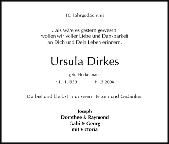 Anzeige von Ursula Dirkes von Kölner Stadt-Anzeiger / Kölnische Rundschau / Express