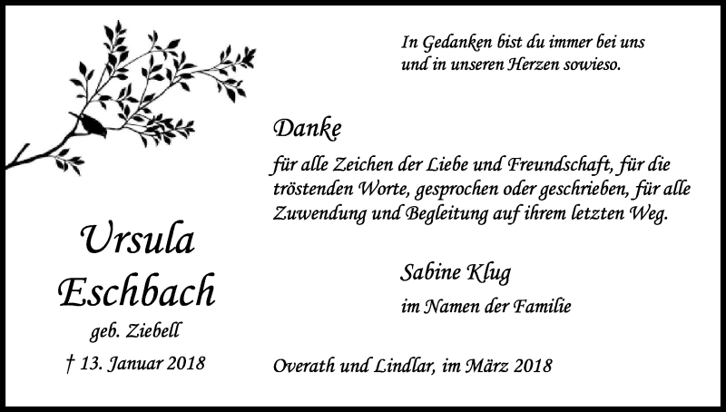  Traueranzeige für Ursula Eschbach vom 03.03.2018 aus Kölner Stadt-Anzeiger / Kölnische Rundschau / Express