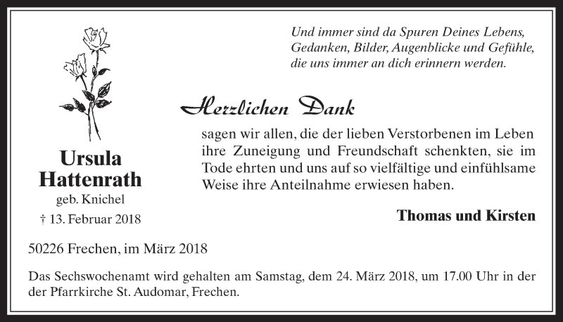  Traueranzeige für Ursula Hattenrath vom 21.03.2018 aus  Wochenende 