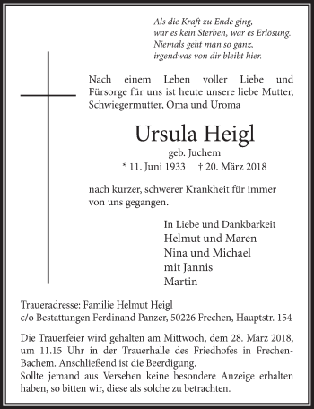 Anzeige von Ursula Heigl von  Sonntags-Post 