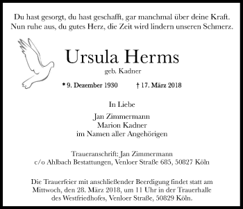 Anzeige von Ursula Herms von Kölner Stadt-Anzeiger / Kölnische Rundschau / Express