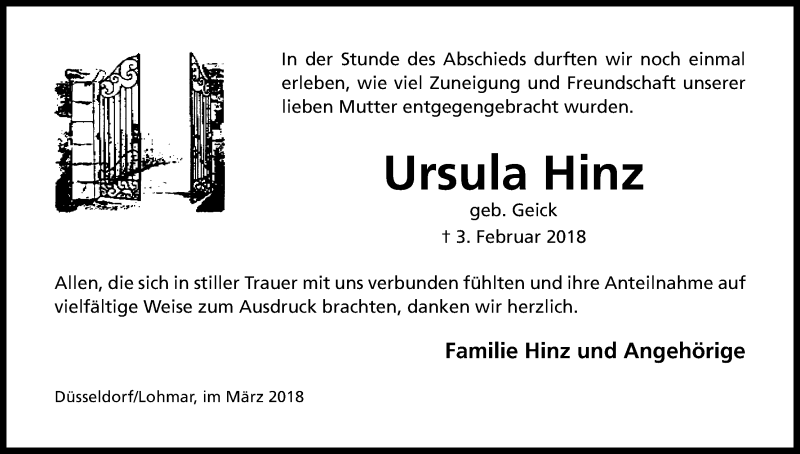  Traueranzeige für Ursula Hinz vom 03.03.2018 aus Kölner Stadt-Anzeiger / Kölnische Rundschau / Express