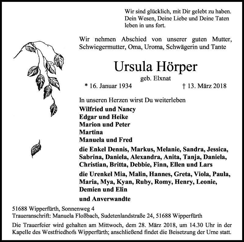  Traueranzeige für Ursula Hörper vom 17.03.2018 aus Kölner Stadt-Anzeiger / Kölnische Rundschau / Express