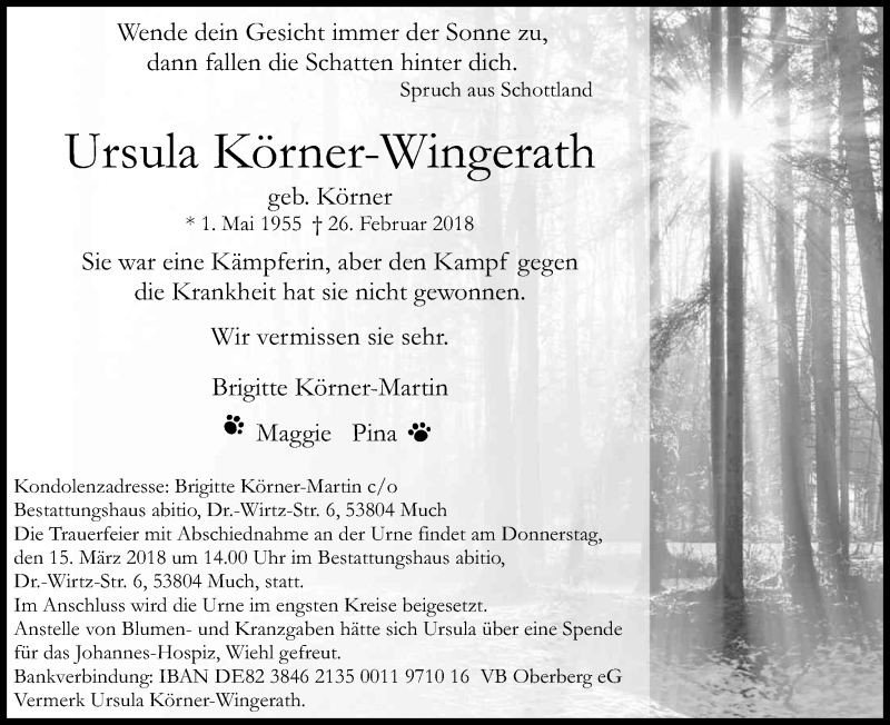  Traueranzeige für Ursula Körner-Wingerath vom 10.03.2018 aus Kölner Stadt-Anzeiger / Kölnische Rundschau / Express