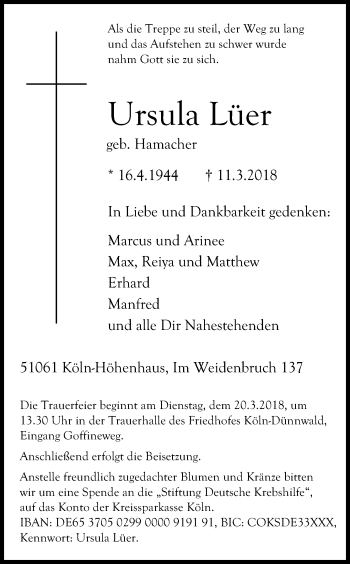 Anzeige von Ursula Lüer von Kölner Stadt-Anzeiger / Kölnische Rundschau / Express