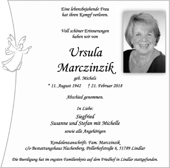 Anzeige von Ursula Marczinzik von Kölner Stadt-Anzeiger / Kölnische Rundschau / Express