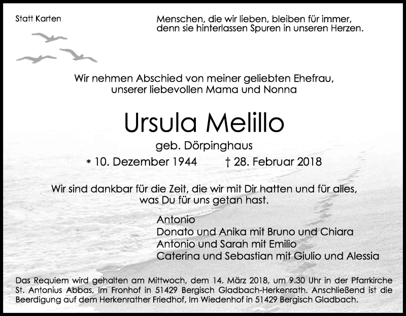  Traueranzeige für Ursula Melillo vom 10.03.2018 aus Kölner Stadt-Anzeiger / Kölnische Rundschau / Express