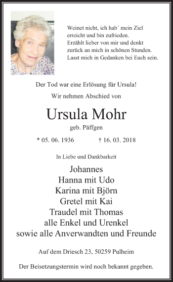 Anzeige von Ursula Mohr von  Wochenende 