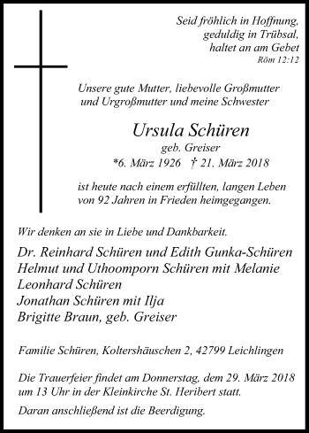 Anzeige von Ursula Schüren von Kölner Stadt-Anzeiger / Kölnische Rundschau / Express