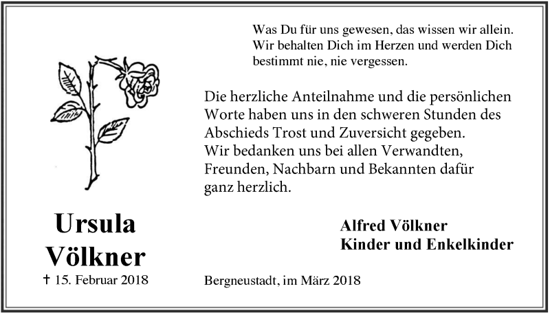  Traueranzeige für Ursula Völkner vom 28.03.2018 aus  Anzeigen Echo 