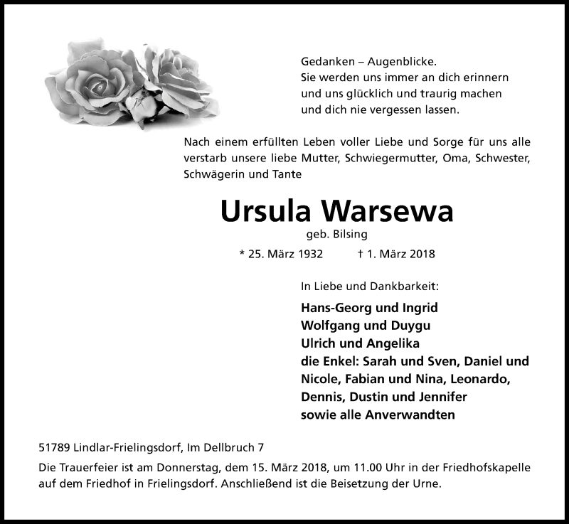  Traueranzeige für Ursula Warsewa vom 13.03.2018 aus Kölner Stadt-Anzeiger / Kölnische Rundschau / Express