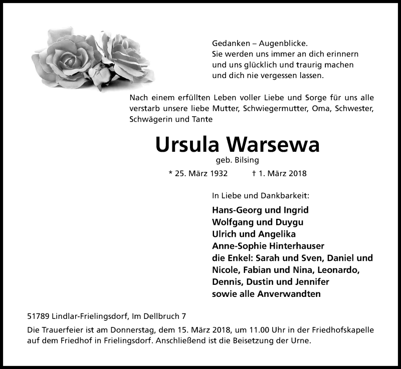  Traueranzeige für Ursula Warsewa vom 10.03.2018 aus Kölner Stadt-Anzeiger / Kölnische Rundschau / Express