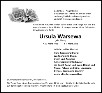 Anzeige von Ursula Warsewa von Kölner Stadt-Anzeiger / Kölnische Rundschau / Express