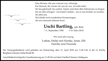 Anzeige von Uschi Bartling von Kölner Stadt-Anzeiger / Kölnische Rundschau / Express