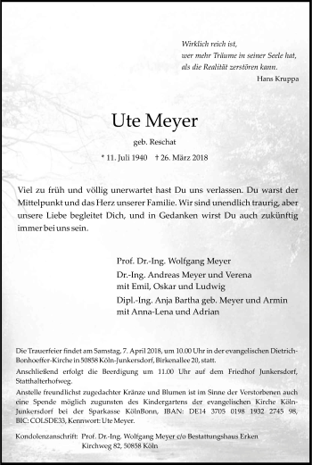 Anzeige von Ute Meyer von Kölner Stadt-Anzeiger / Kölnische Rundschau / Express