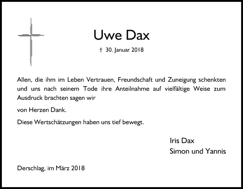  Traueranzeige für Uwe Dax vom 31.03.2018 aus Kölner Stadt-Anzeiger / Kölnische Rundschau / Express