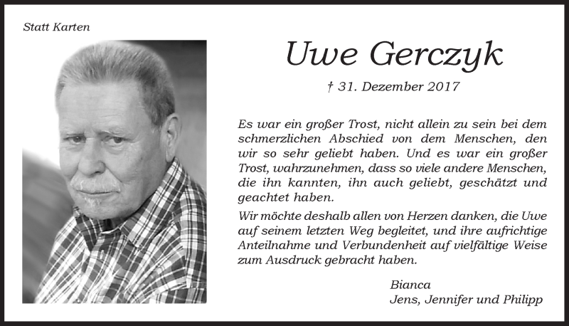  Traueranzeige für Uwe Gerczyk vom 07.03.2018 aus  Bergisches Handelsblatt 