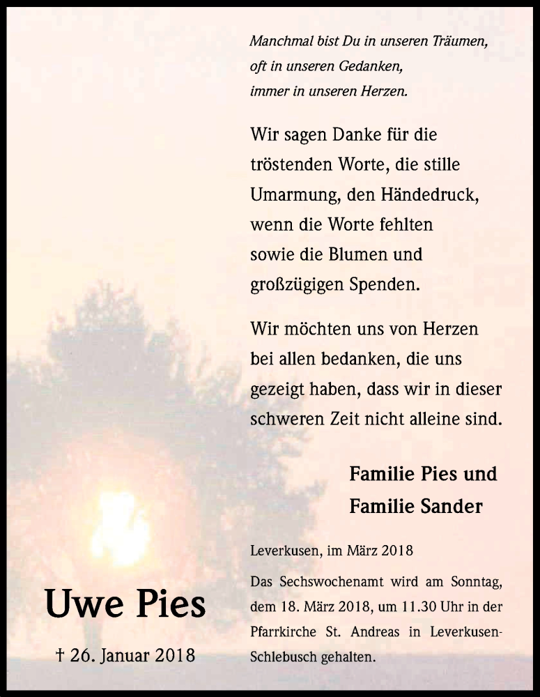  Traueranzeige für Uwe Pies vom 03.03.2018 aus Kölner Stadt-Anzeiger / Kölnische Rundschau / Express