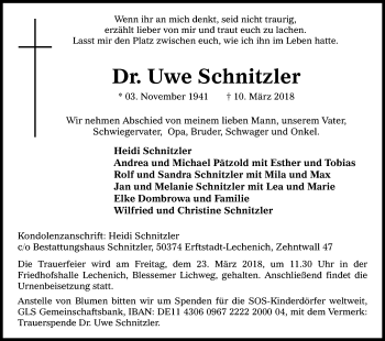Anzeige von Uwe Schnitzler von Kölner Stadt-Anzeiger / Kölnische Rundschau / Express