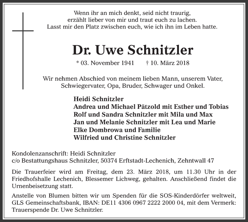  Traueranzeige für Uwe Schnitzler vom 21.03.2018 aus  Werbepost 