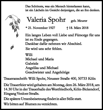 Anzeige von Valeria Spohr von Kölner Stadt-Anzeiger / Kölnische Rundschau / Express