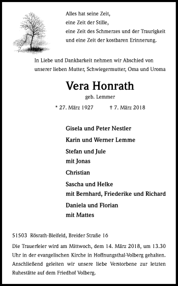 Anzeige von Vera Honrath von Kölner Stadt-Anzeiger / Kölnische Rundschau / Express