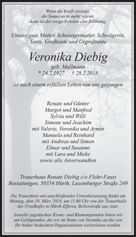  Traueranzeige für Veronika Diebig vom 14.03.2018 aus  Wochenende 