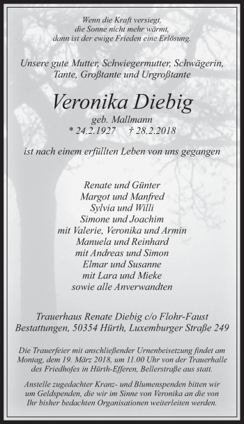 Anzeige von Veronika Diebig von  Wochenende 