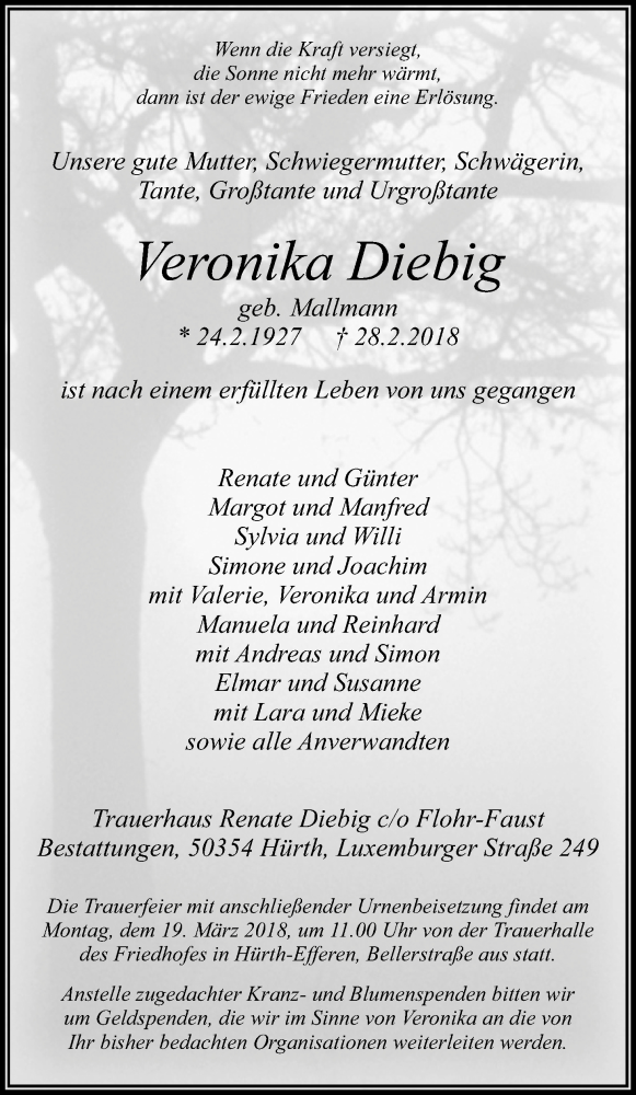  Traueranzeige für Veronika Diebig vom 14.03.2018 aus Kölner Stadt-Anzeiger / Kölnische Rundschau / Express