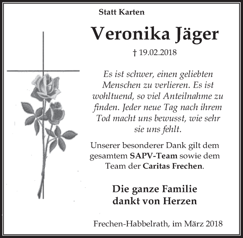  Traueranzeige für Veronika Jäger vom 21.03.2018 aus  Wochenende 
