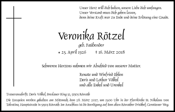 Anzeige von Veronika Rötzel von Kölner Stadt-Anzeiger / Kölnische Rundschau / Express