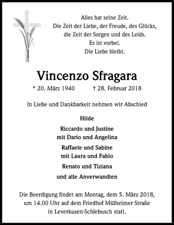 Anzeige von Vincenzo Sfragara von Kölner Stadt-Anzeiger / Kölnische Rundschau / Express
