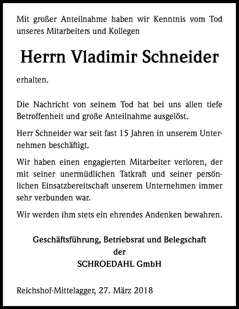 Traueranzeige für Vladimir Schneider vom 31.03.2018 aus Kölner Stadt-Anzeiger / Kölnische Rundschau / Express