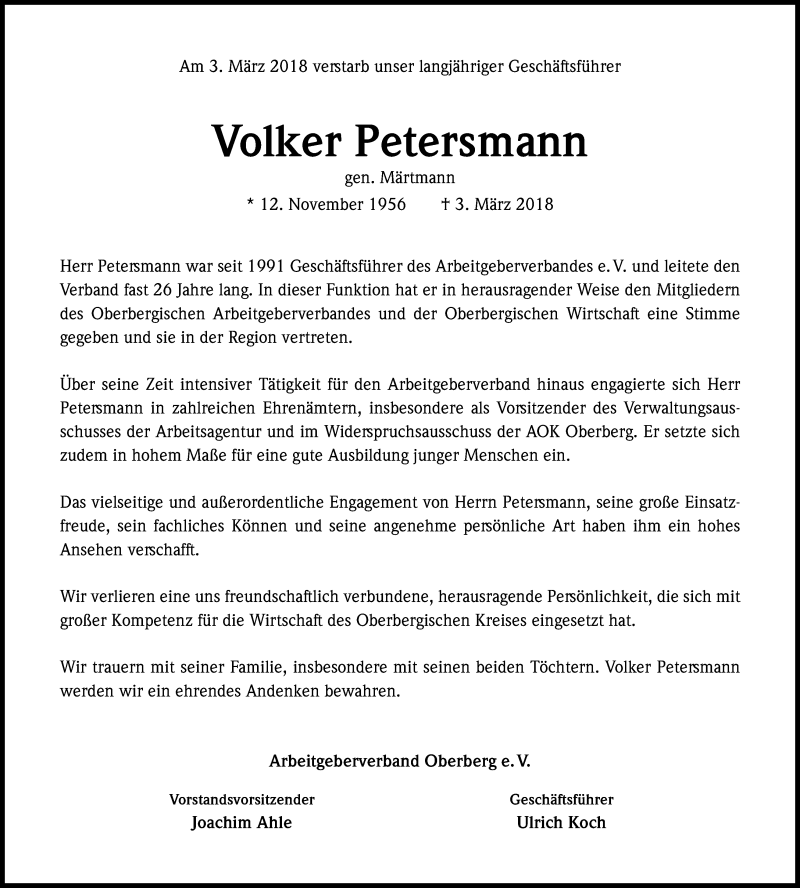 Traueranzeige für Volker Petersmann vom 07.03.2018 aus Kölner Stadt-Anzeiger / Kölnische Rundschau / Express