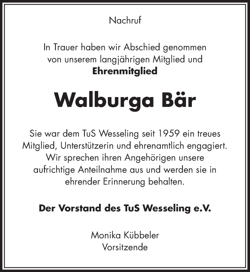 Traueranzeige für Walburga Bär vom 07.03.2018 aus  Schlossbote/Werbekurier 