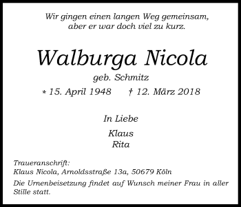 Anzeige von Walburga Nicola von Kölner Stadt-Anzeiger / Kölnische Rundschau / Express