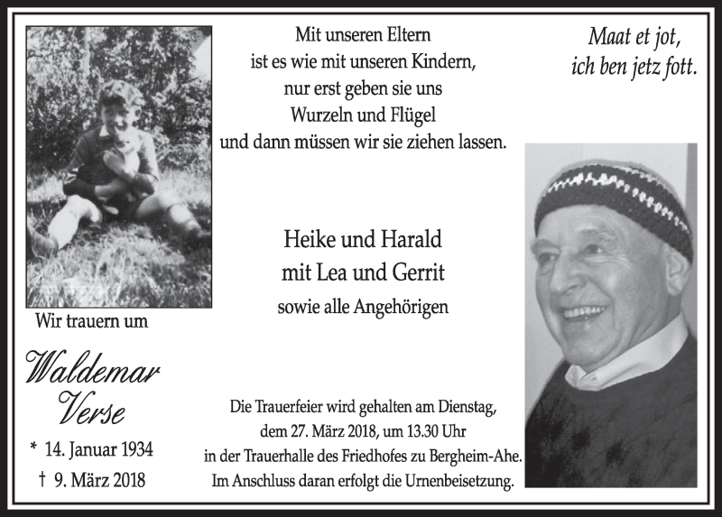  Traueranzeige für Waldemar Verse vom 17.03.2018 aus  Sonntags-Post 