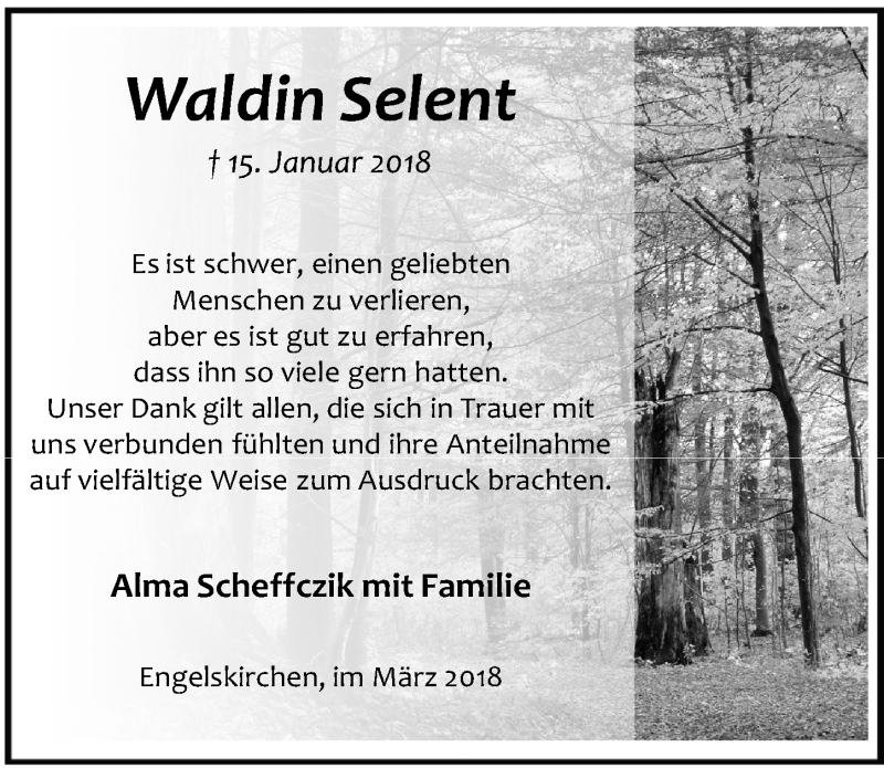  Traueranzeige für Waldin Selent vom 28.03.2018 aus  Anzeigen Echo 