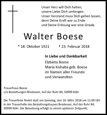 Anzeige von Walter Boese von Kölner Stadt-Anzeiger / Kölnische Rundschau / Express