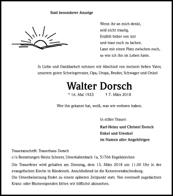 Anzeige von Walter Dorsch von Kölner Stadt-Anzeiger / Kölnische Rundschau / Express