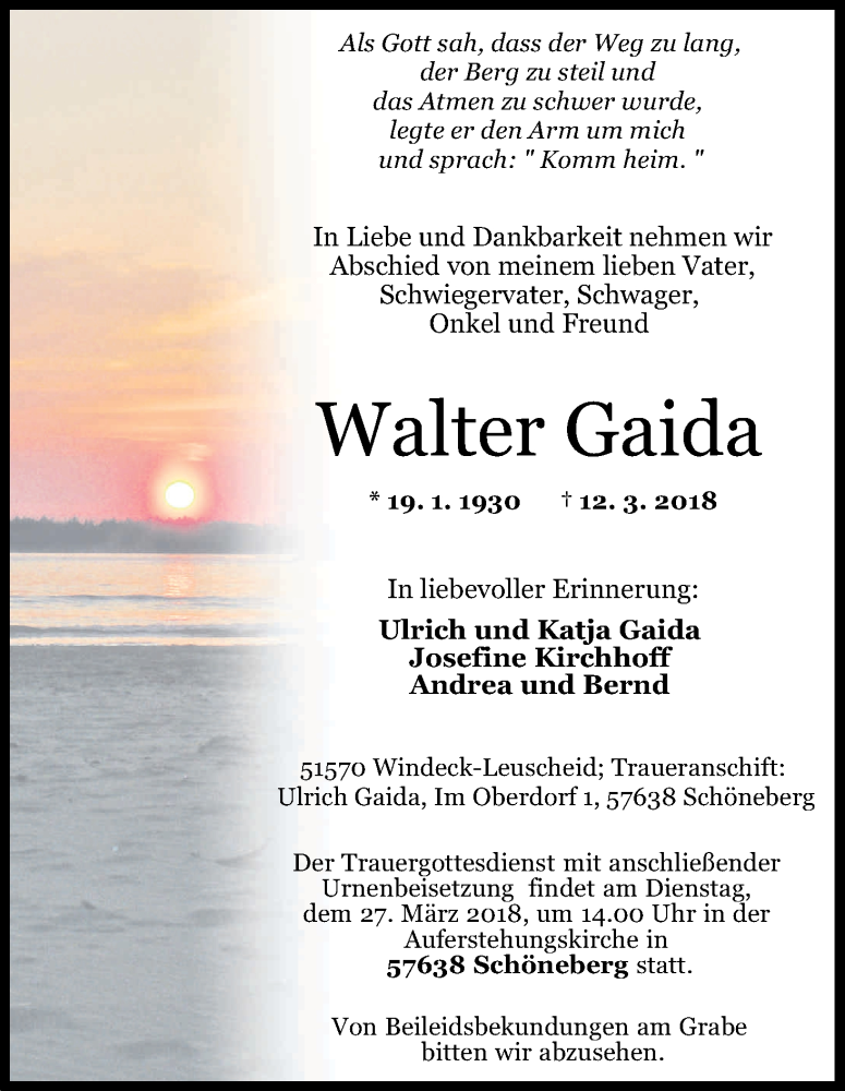  Traueranzeige für Walter Gaida vom 17.03.2018 aus Kölner Stadt-Anzeiger / Kölnische Rundschau / Express